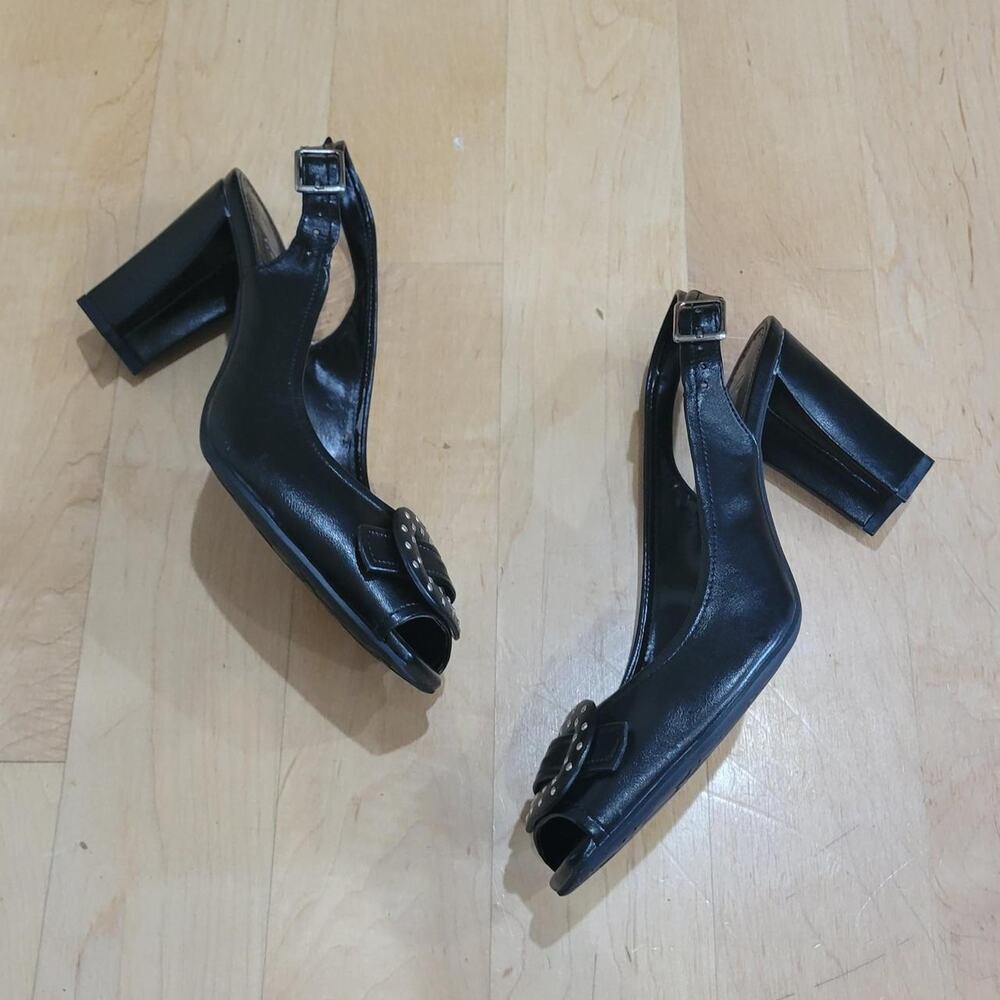 Nickels Black Studded Buckle Peep toe Slingback Heels Ladies Size 8.5